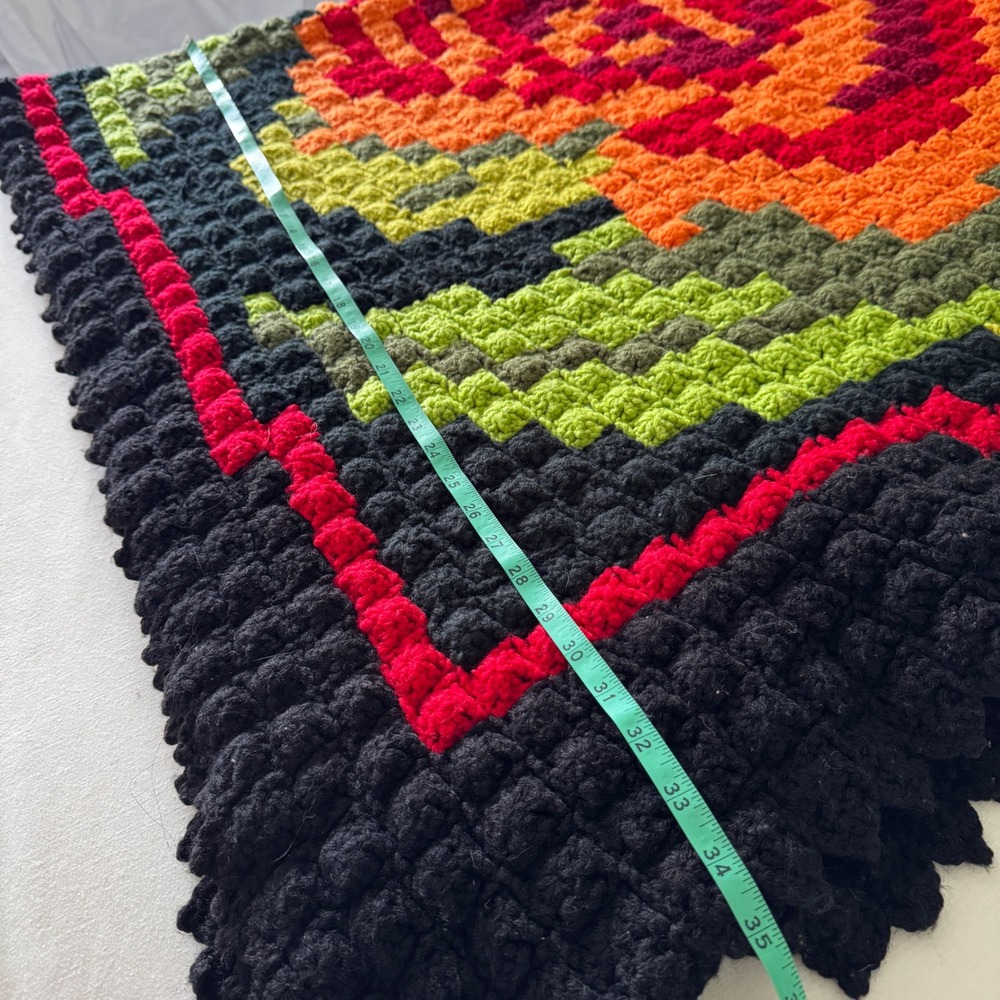 Handmade Crochet Rose Throw Blanket Black Red Orange Floral Pixel Afghan 72x70" - Picture 5 of 14